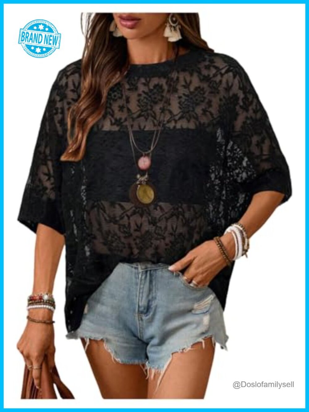 Sheer Lace Mesh Embroidered Top Oversized 3/4 Sleeve Festival Blouse